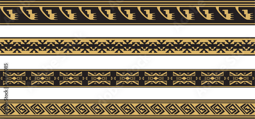 Vector set of gold and black native american ornamental seamless borders. Framework of the peoples of America, Aztecs, Maya, Incas..