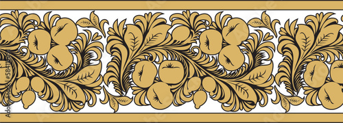 Vector gold seamless Russian folk ornament Khokhloma. National endless border, frame of Slavic peoples, Belarusians, Ukrainians..