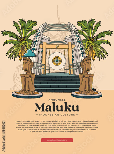 world peace gong placed in maluku indonesian culture handrawn illustration poster design inspiration photo