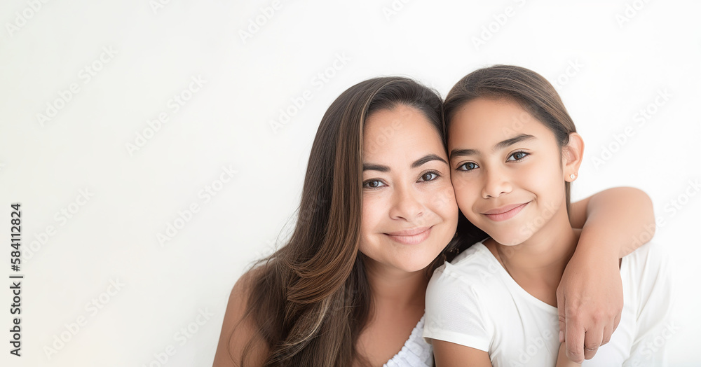 fictional beautiful Hispanic woman with her daughter, space for copy, Mother's Day, generative ai fictional beautiful Hispanic woman with her daughter, space for copy, Mother's Day, generative ai