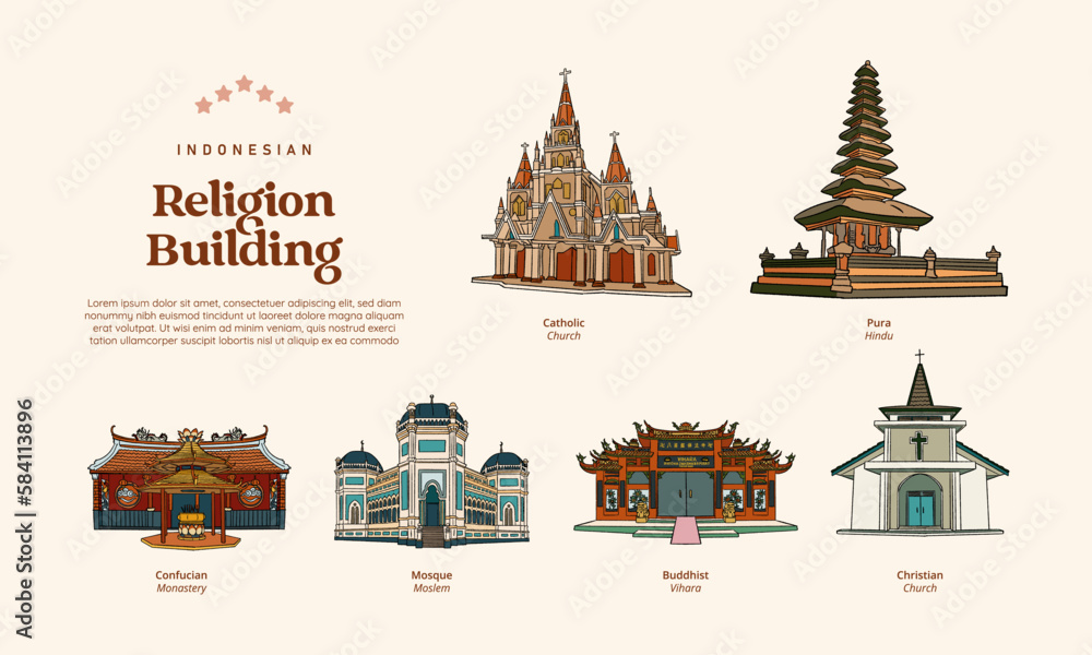 indonesian religion building hand drawn illustration. Isolated illustration of various religion building