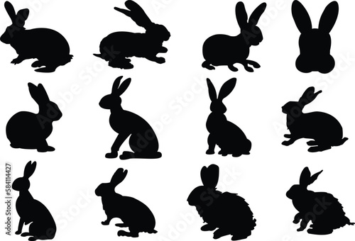 Fototapeta Naklejka Na Ścianę i Meble -  Set of bunny silhouettes. A set of easter bunny silhouette vector illustrations.