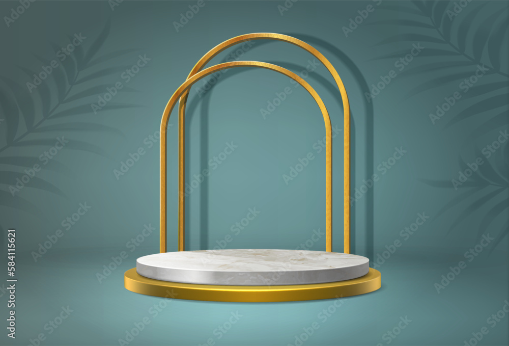 3d realistic vector background. Display stand, podium with arch in gold. Minimalistic style. 3d realistic vector background. Display stand, podium with arch in gold. Minimalistic style.