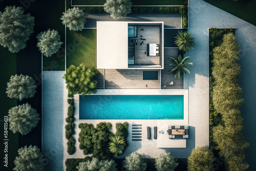Aerial view of a modern villa with a patio and swimming pool, generative AI