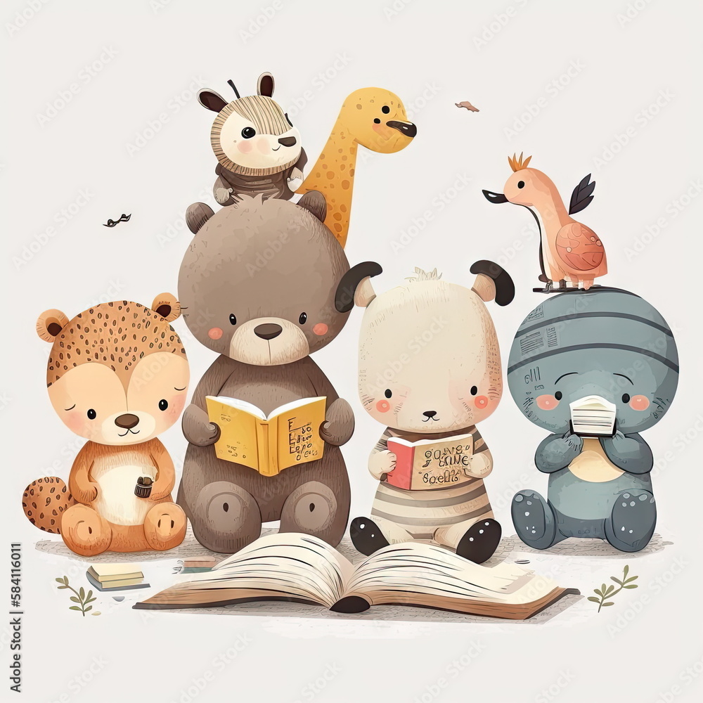 cartoon characters cute animals reading books white background, vector ...