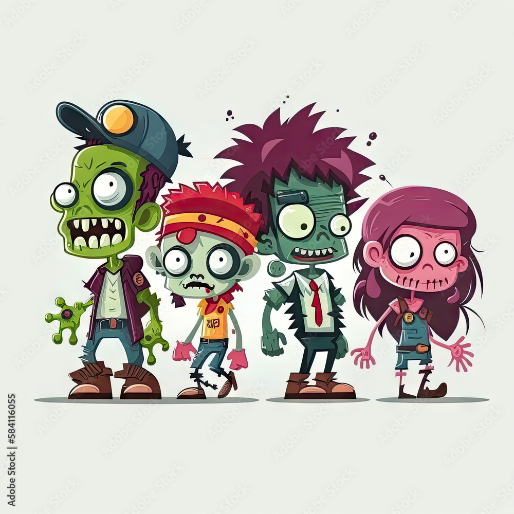 Fototapeta premium Collection of Cartoon character of zombies, white background, vector illustration, Made by AI, Artificial intelligence