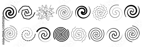 Set of abstract spirals and twirls. Vector illustration of lines twisted in circle. Black and white drawing of signs of round swirls and wavy whirls.