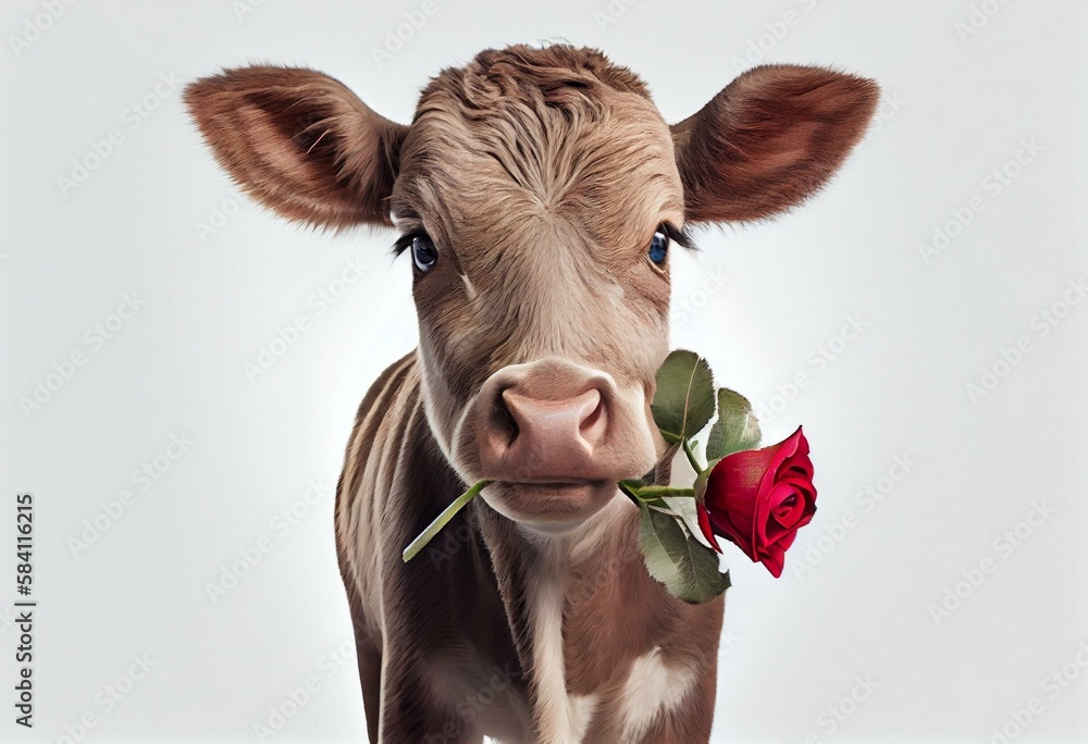 Cute cow calf with rose in mouth for Valentine's Day on white bg