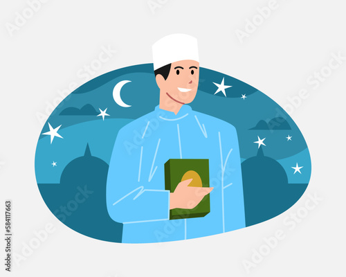 Muslim men in Islamic clothing hold the Koran. Silhouette of Mosque, moon and stars blue background. Perfect for greeting card, poster, print. flat vector illustration.