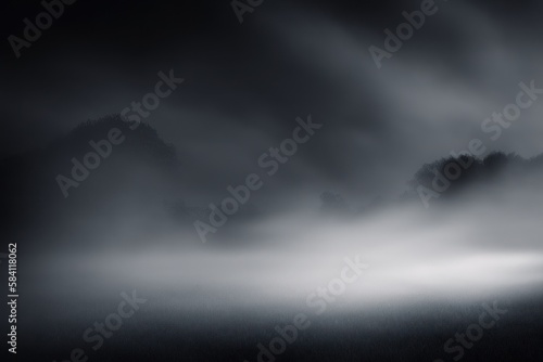 fog on the ground, dark dreamy background, dark foggy forest landscape