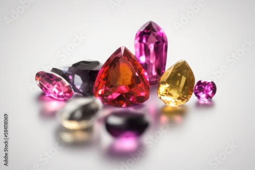 collection of gems and minerals on white background. red purple yellow gems