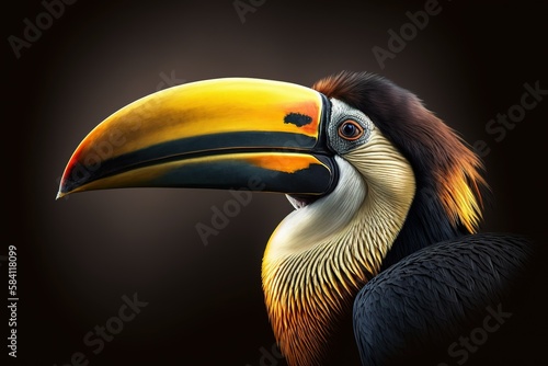 yellow billed toucan, multicolored billed toucan isolated on a deep black background that highlights its exuberant plumage of vibrant tones