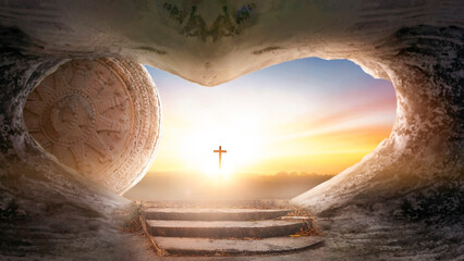 Easter and Good Friday concept, heart shaped empty tomb with cross on mountain sunrise background
