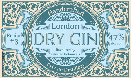 Dry gin - ornate vintage decorative label