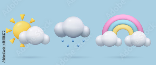 3d weather Icons set sun clouds Rainbow and rain realistic three dimensional plastic design elements