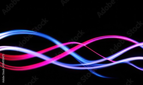 neon wavy line on black background, 3d render led light strips pink and blue