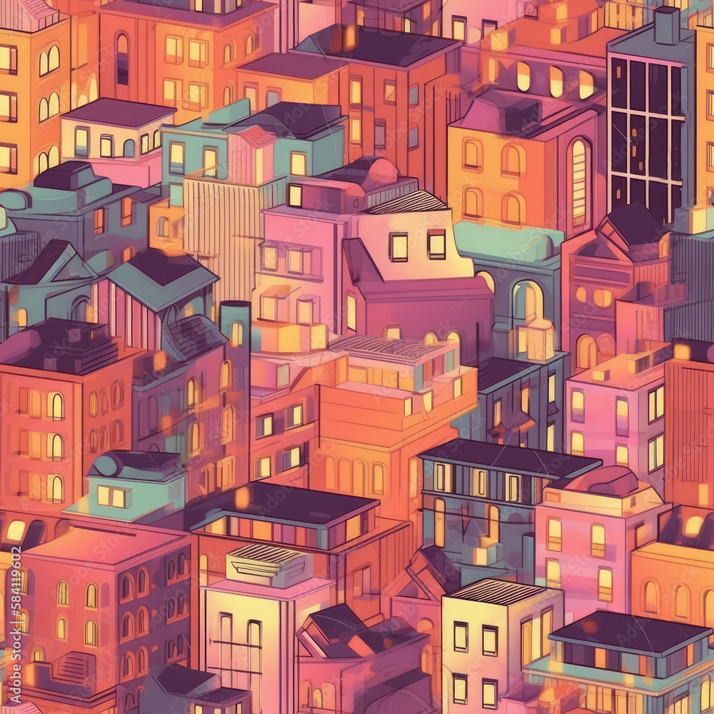 Seamless pattern with a cityscape with roof tops and sky scrapers. Made with Generative AI.