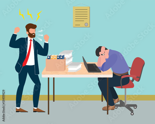 Office bullying work angry boss scold office work manager vector. Worker bullying, harassment, abuse at business workplace. Scared employee at table and shouting yelling man chief for project Deadline