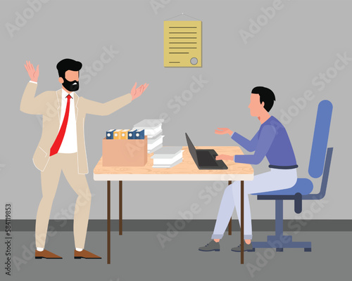 Bullying at work angry boss scold office work manager vector. Worker bullying, harassment, abuse at business workplace. Scared employee at table and shouting yelling man chief for project deadline