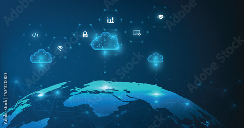 Concept of Cloud computing security technology background. vector illustration of business network data security storage online on dark blue background.