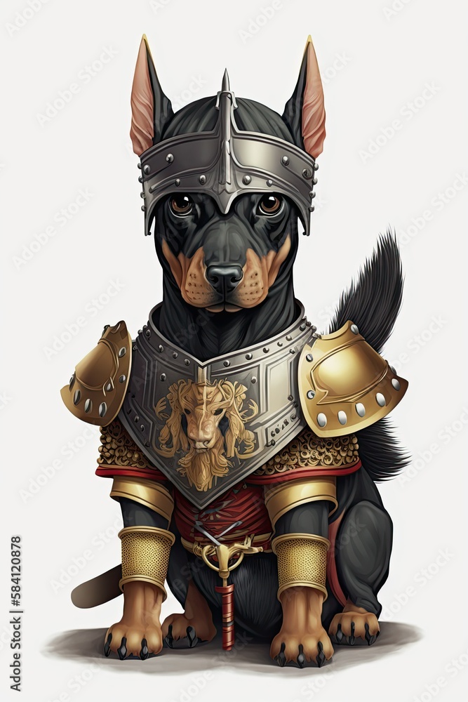Chibi Anime Illustration of Doberman Pinscher dog in Japanese Samurai