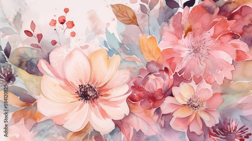 Floral Watercolor Background in Pretty Pink and Purple Pastel Colors, Wedding, Bridal, and Mothers Day Themed Flower Illustrations - Generative AI © AnArtificialWonder
