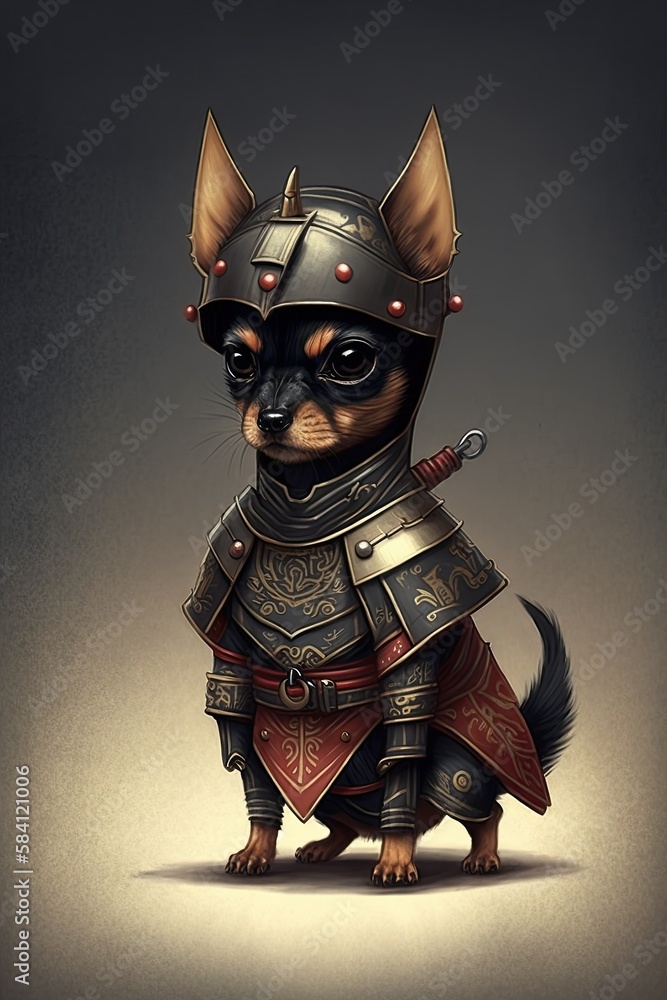 Chibi Anime Illustration of Miniature Pinscher dog in Japanese Samurai
