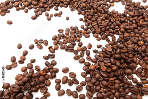 Roasted coffee beans isolated on white background.