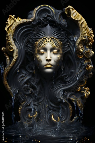 portrait of Aquarius, girl, zodiac sign, gold and black, decorated with gothic lace and precious stones, fantasy generated by AI