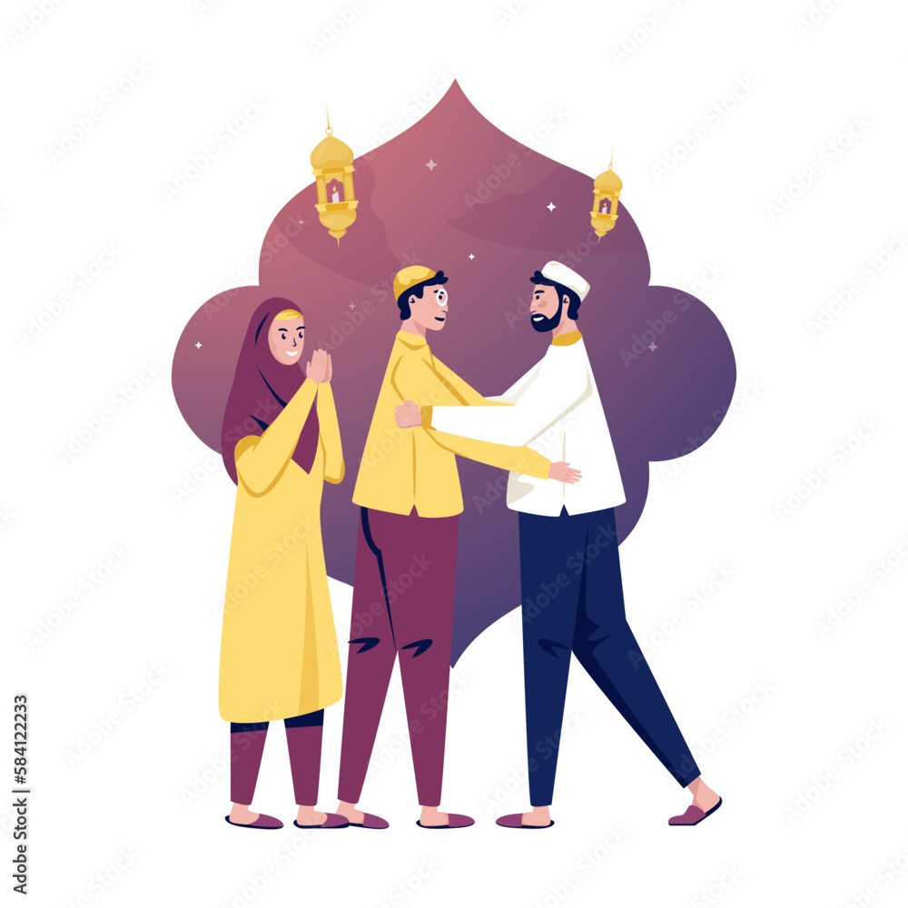 Muslim family meet other vector illustration Muslim family meet other vector illustration