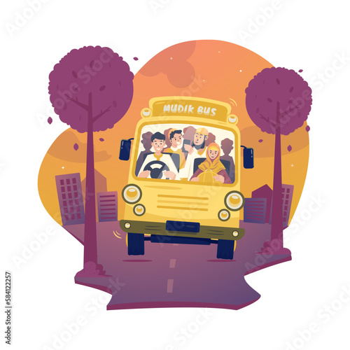 Muslim family with Mudik tradition by bus vector illustration