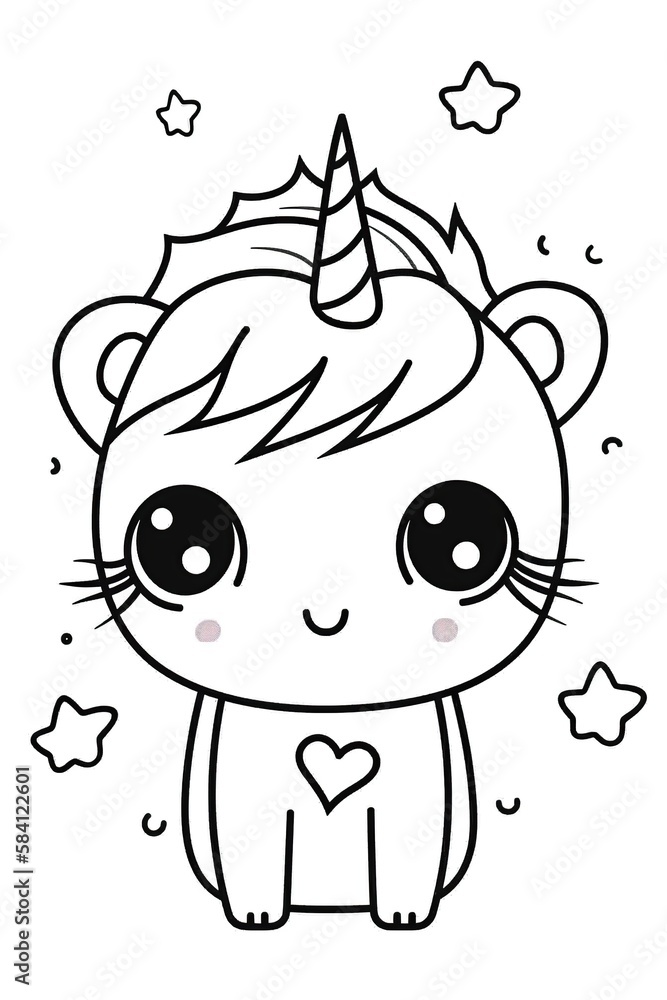 Kawaii Unicorn in outline style. Coloring Pages for Kids, Coloring Book for Children