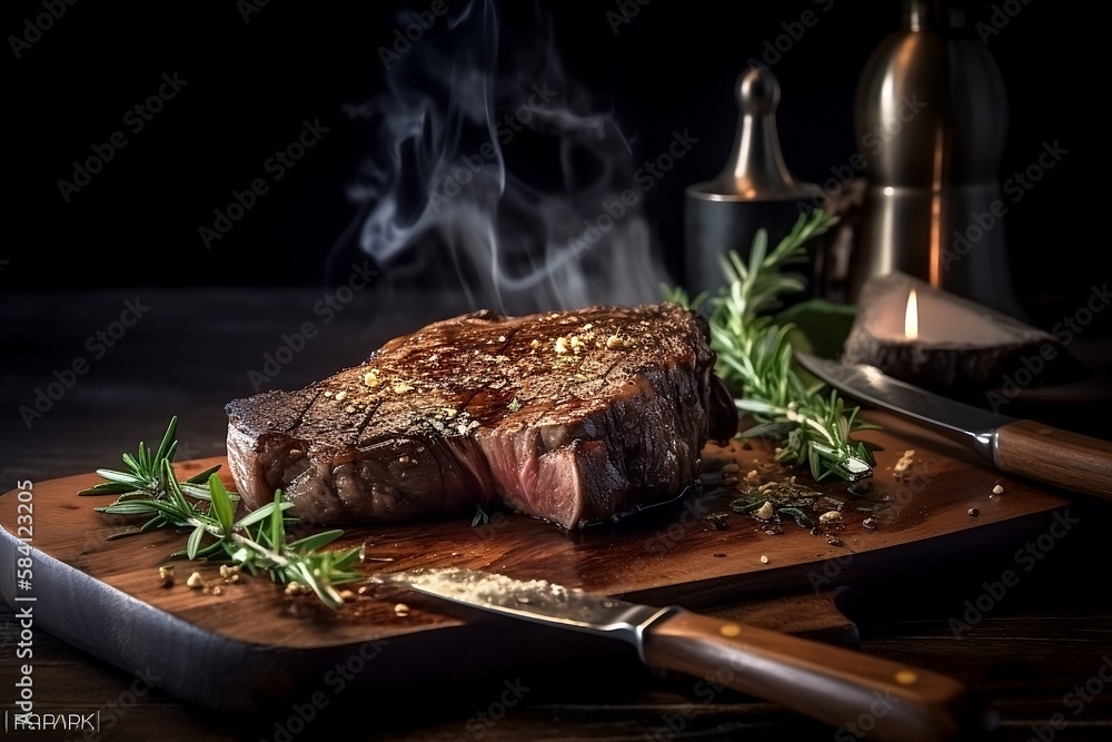 Beef Steak Close Up on Restaurant Background with Blurred Effect Beef Steak Close Up on Restaurant Background with Blurred Effect