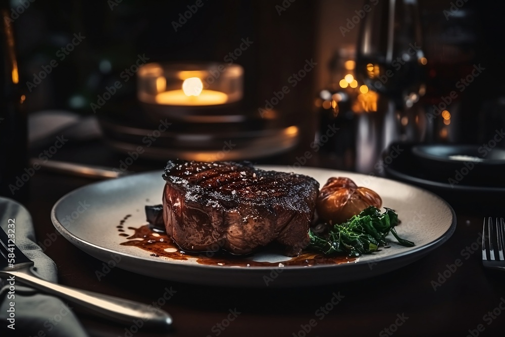 Beef Steak Close Up on Restaurant Background with Blurred Effect Beef Steak Close Up on Restaurant Background with Blurred Effect