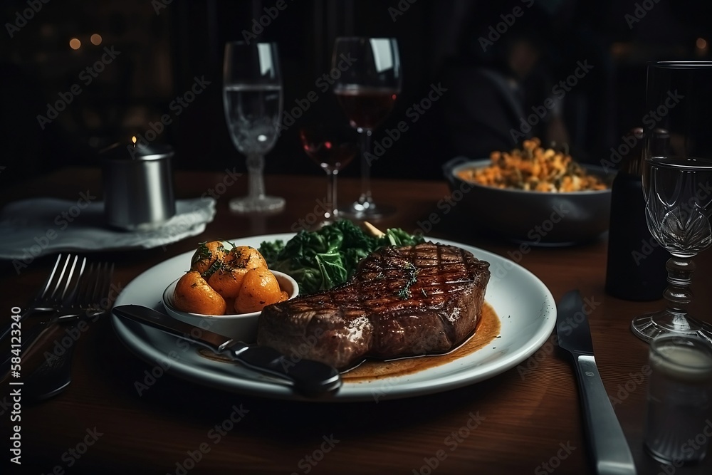 Beef Steak Close Up on Restaurant Background with Blurred Effect