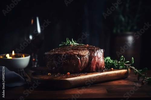 Beef Steak Close Up on Restaurant Background with Blurred Effect