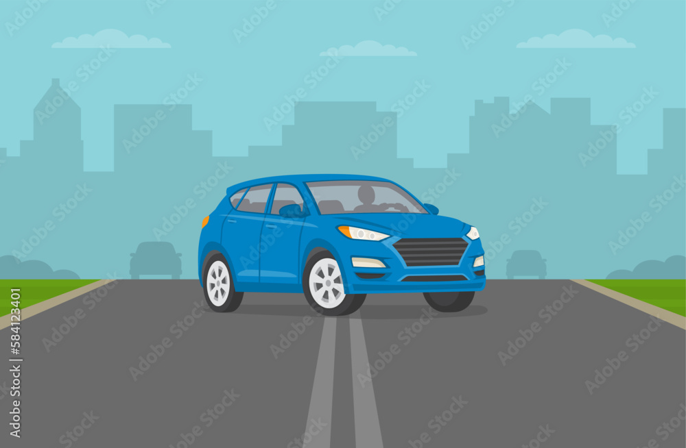 Suv car is passing double solid lines. Front view of a vehicle making u-turn on road. Flat vector illustration template.