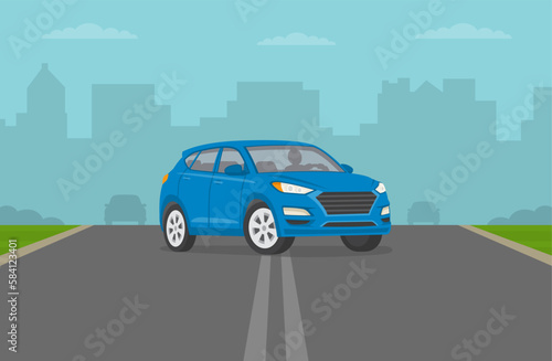 Fototapeta Naklejka Na Ścianę i Meble -  Suv car is passing double solid lines. Front view of a vehicle making u-turn on road. Flat vector illustration template.