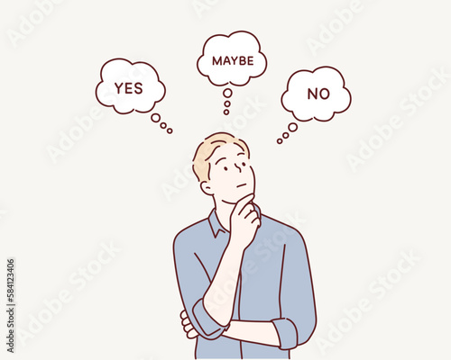 Man standing sideways. Inscriptions yes, no, maybe around her shows decision making process. Hand drawn style vector design illustrations.