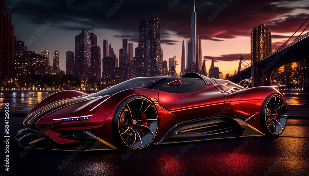  Most Extreme Production Super Sport Car On The Planet standing on the road at sunset. Generative AI