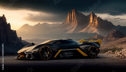 Most Extreme Production Super Car On The Planet standing on the road at sunset. Generative AI © Fernando