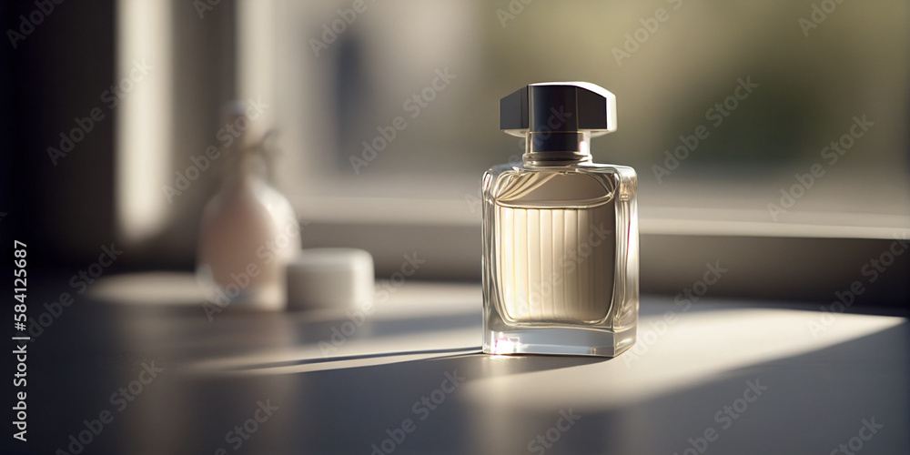 Bote de perfume sobre fondo neutro. IA generativa Bote de perfume sobre fondo neutro. IA generativa
