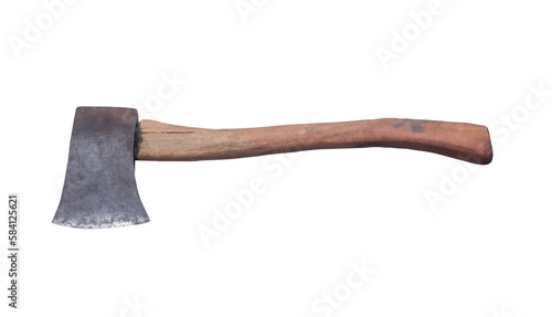 Old rust dirty dark gray axe with brown wooden handle isolated on white background with clipping path in png format