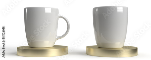 2 simple ceramic coffee mugs on a gold plate. Mockup / transparent and high resolution - ideal for text, logo or image.