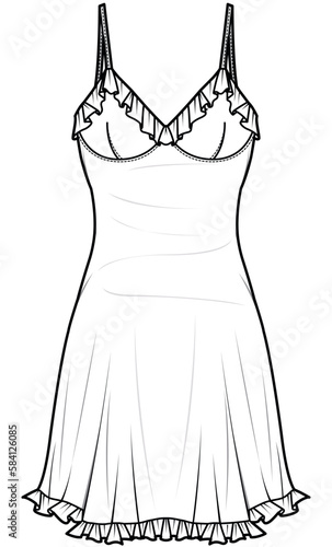 womens ruffle trim slip dress flat sketch vector illustration technical cad drawing template