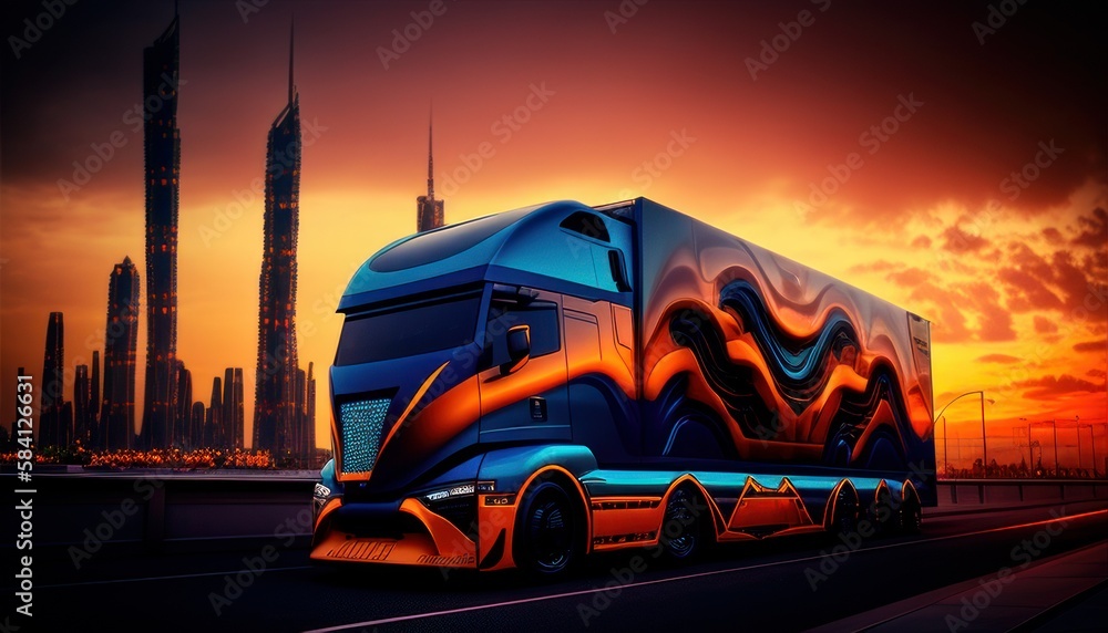 Most Extreme Production Truck On The Planet standing on the road at sunset. Generative AI