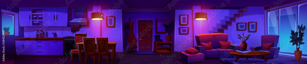 Night house kitchen and living room interior. Panoramic apartment cartoon vector scene. Modern studio flat design illustration with stair to second floor. Front view horizontal cozy hallway lighting. - obrazy, fototapety, plakaty 