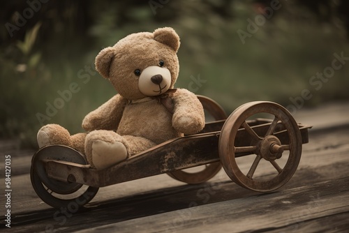 a cute teddy bear on a wheel cart. AI generative © everywow