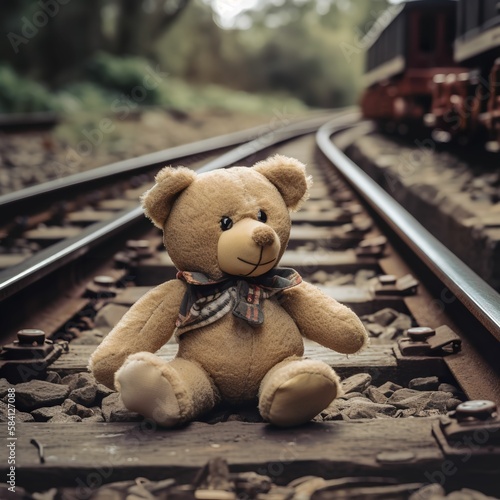 a stuffed brown teddy bear in a train track. ai generative