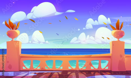 Hotel terrace empty view with sea and cloud in sky. Autumn vector background of indian palace balcony ocean landscape. Balustrade on ancient patio with fall orange potted plant  flying leaves